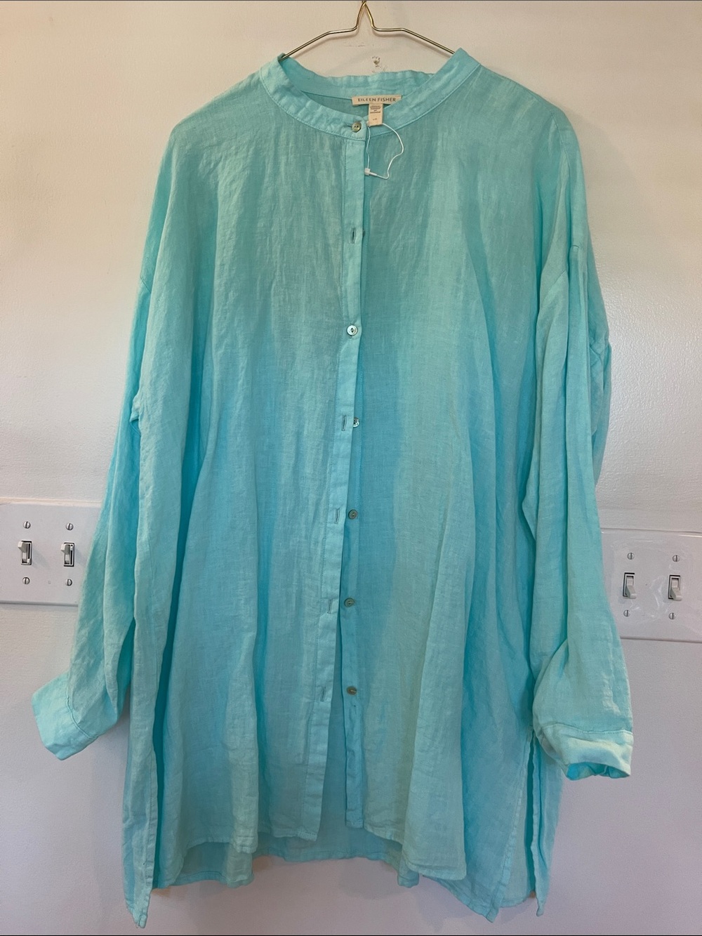 Eileen Fisher Aqua/Turquoise Linen Button-Front Tunic
